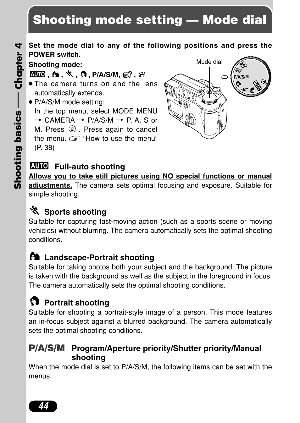 Chapter 4 shooting basics, Shooting mode setting — mode dial, Chapter 4 | Shooting basics, P. 44, P/a/s/m | Olympus C-720 Ultra Zoom User Manual | Page 45 / 180