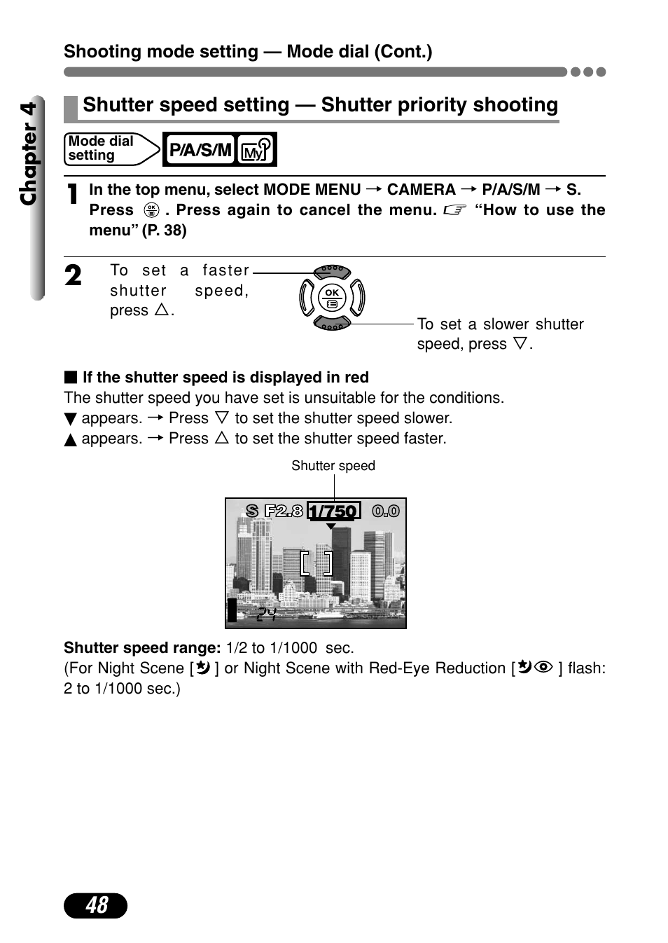Chapter 4, Shutter speed setting — shutter priority shooting | Olympus C-720 Ultra Zoom User Manual | Page 49 / 180