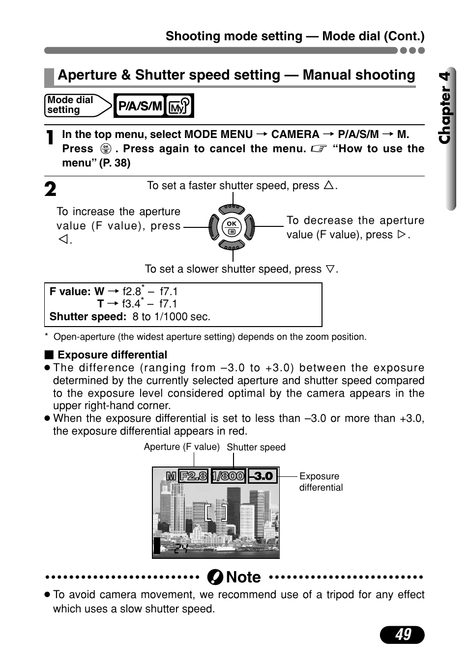 Chapter 4, Aperture & shutter speed setting — manual shooting | Olympus C-720 Ultra Zoom User Manual | Page 50 / 180