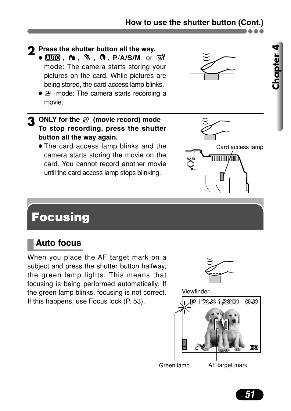 Focusing, Auto focus 51 | Olympus C-720 Ultra Zoom User Manual | Page 52 / 180