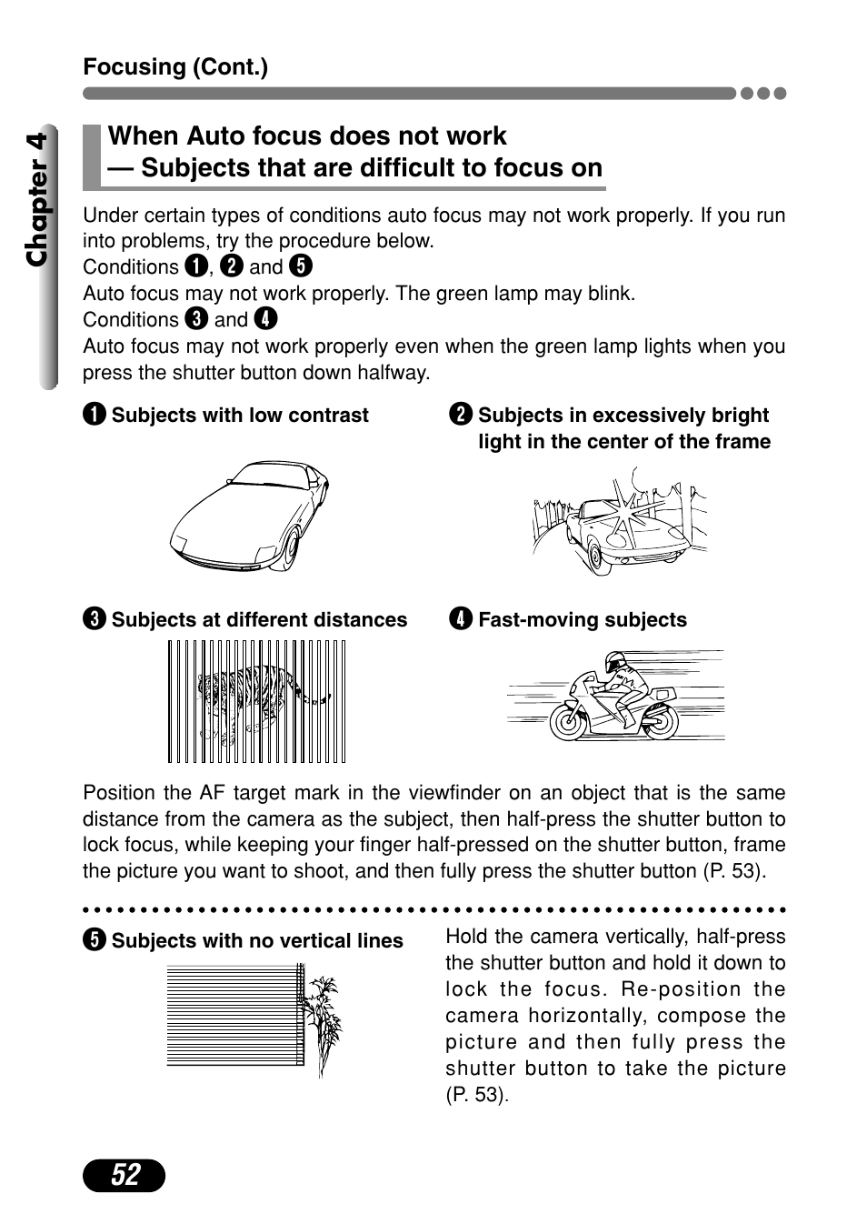 When auto focus does not work, Subjects that are difficult to focus on 52 | Olympus C-720 Ultra Zoom User Manual | Page 53 / 180
