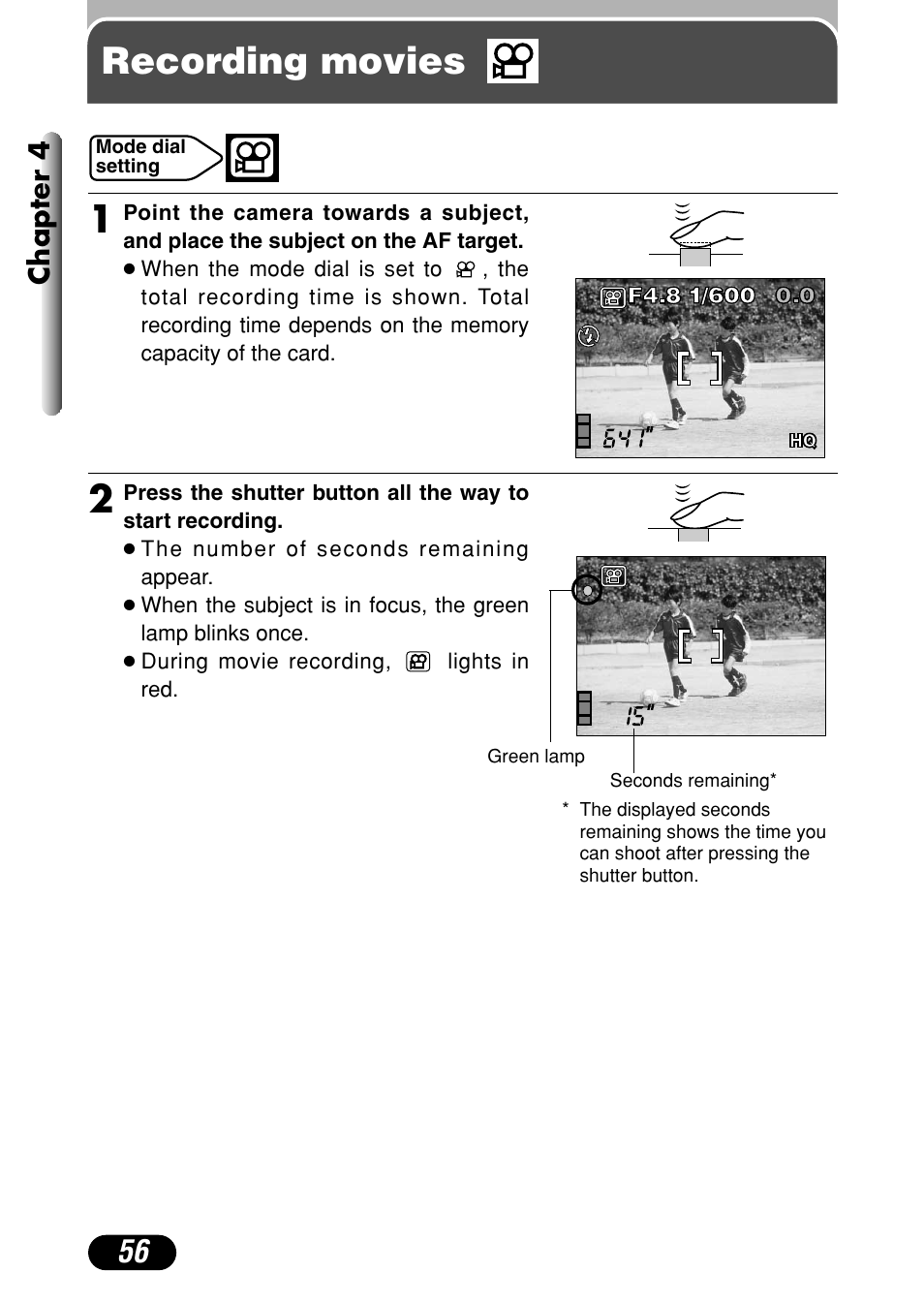 Recording movies, Recording movies 1, Chapter 4 | Olympus C-720 Ultra Zoom User Manual | Page 57 / 180