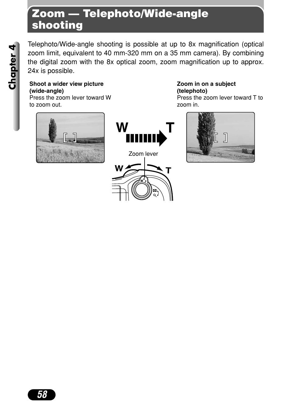 Zoom — telephoto/wide-angle angle shooting, Zoom — telephoto/wide-angle shooting | Olympus C-720 Ultra Zoom User Manual | Page 59 / 180