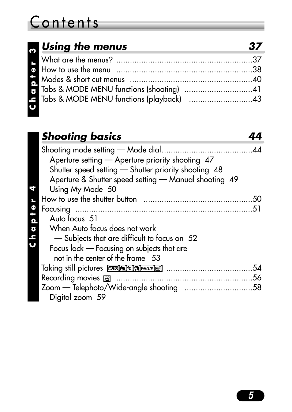 5using the menus 37, Shooting basics 44 | Olympus C-720 Ultra Zoom User Manual | Page 6 / 180