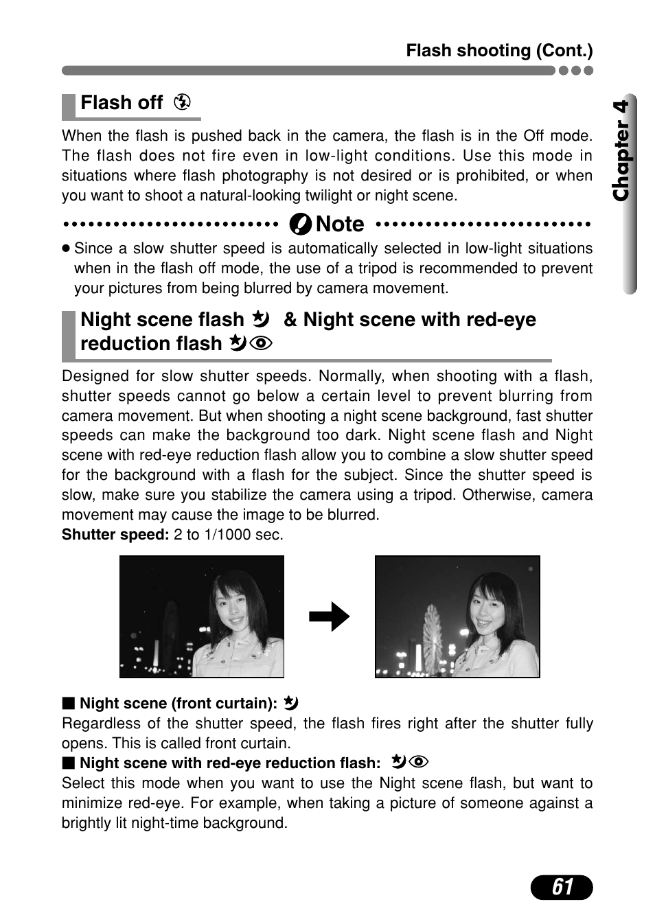 Flash off, Night scene flash, Night scene with red-eye | Reduction flash | Olympus C-720 Ultra Zoom User Manual | Page 62 / 180