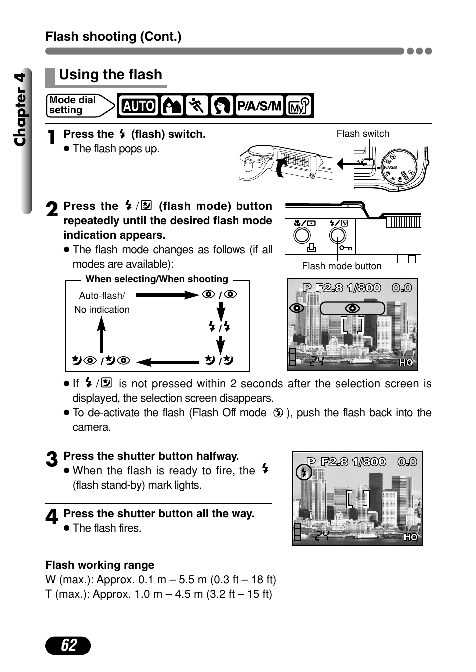 Using the flash 62, Chapter 4, Using the flash | Olympus C-720 Ultra Zoom User Manual | Page 63 / 180