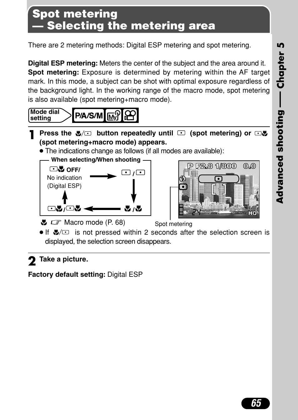 Chapter 5 advanced shooting, Spot metering — selecting the metering area, Chapter 5 | Advanced shooting, P. 65 | Olympus C-720 Ultra Zoom User Manual | Page 66 / 180