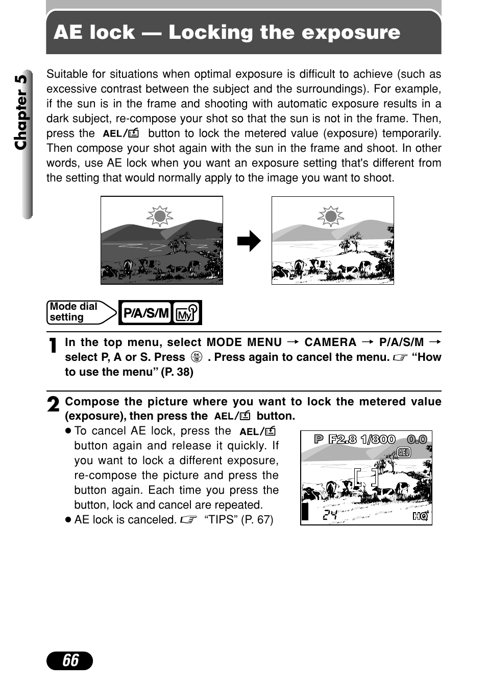 Ae lock — locking the exposure, Chapter 5 | Olympus C-720 Ultra Zoom User Manual | Page 67 / 180