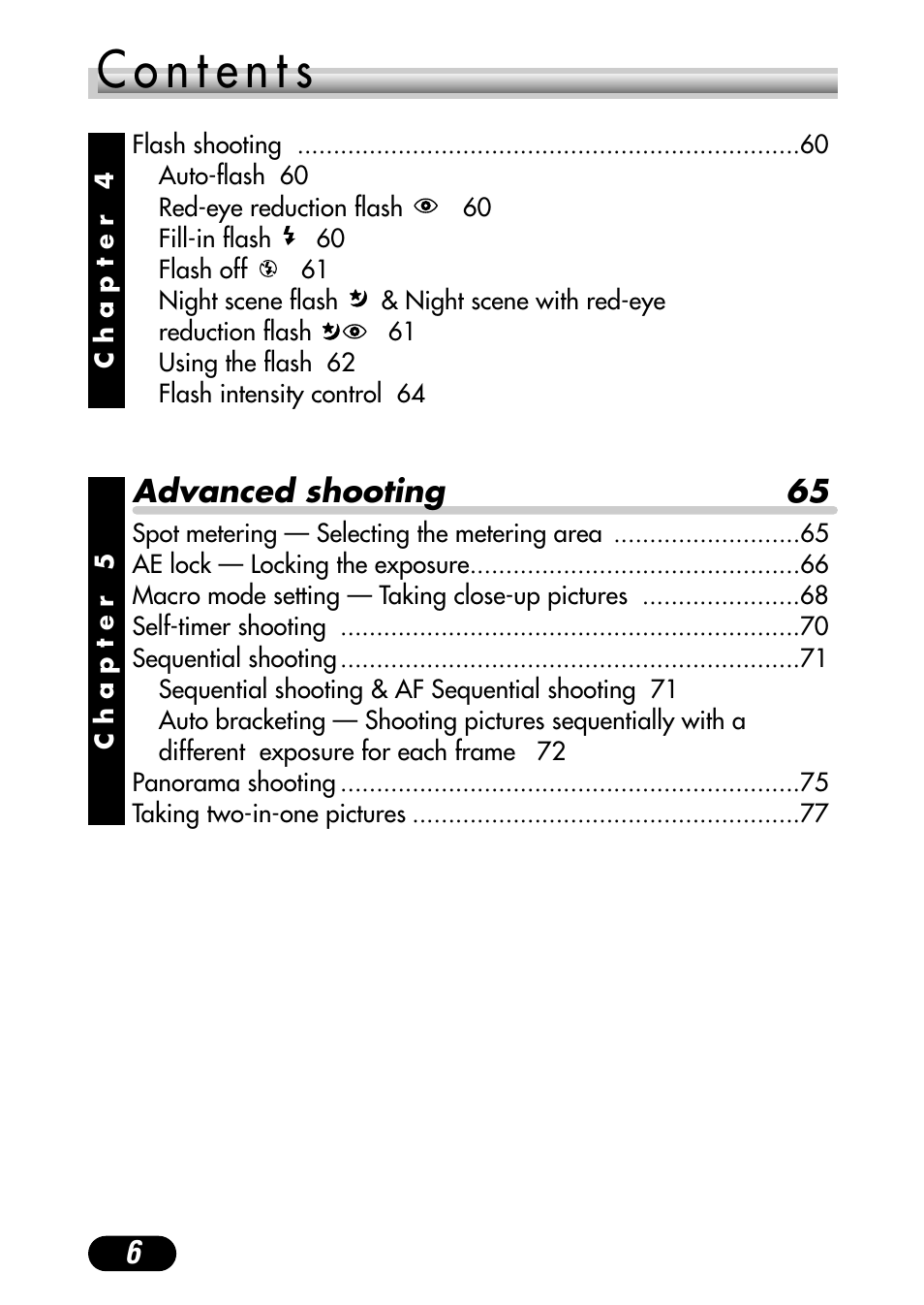 Advanced shooting 65 | Olympus C-720 Ultra Zoom User Manual | Page 7 / 180