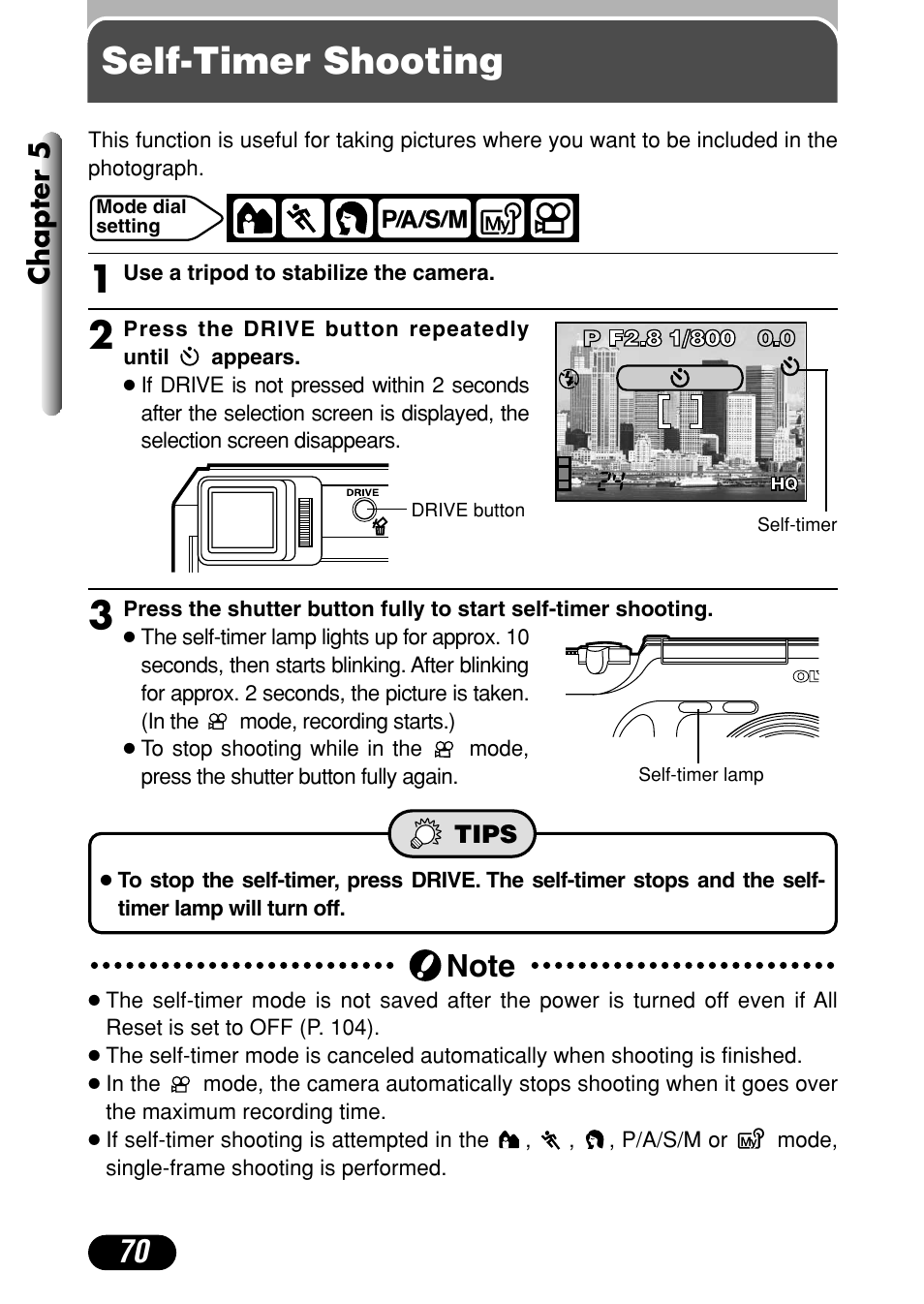 Self-timer shooting, Chapter 5 | Olympus C-720 Ultra Zoom User Manual | Page 71 / 180
