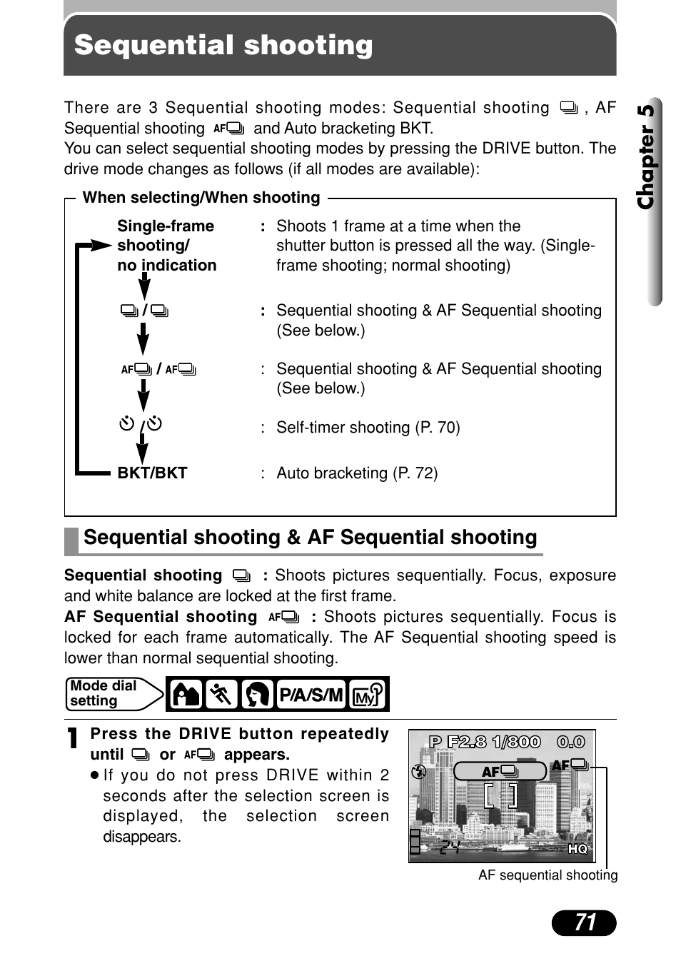 Sequential shooting, Sequential shooting & af sequential shooting 71, Chapter 5 | Sequential shooting & af sequential shooting | Olympus C-720 Ultra Zoom User Manual | Page 72 / 180
