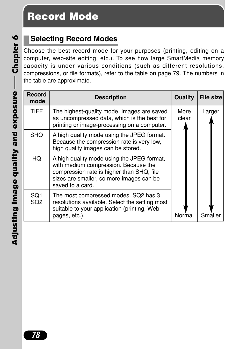 Chapter 6 adjusting image quality and exposure, Record mode, Chapter 6 | Adjusting image quality and exposure, P. 78, Selecting record modes 78, Chapter 6 adjusting image quality and exposur e, Selecting record modes | Olympus C-720 Ultra Zoom User Manual | Page 79 / 180
