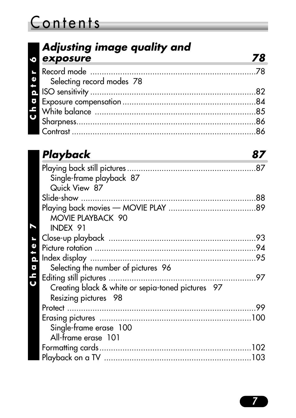 7adjusting image quality and exposure 78, Playback 87 | Olympus C-720 Ultra Zoom User Manual | Page 8 / 180