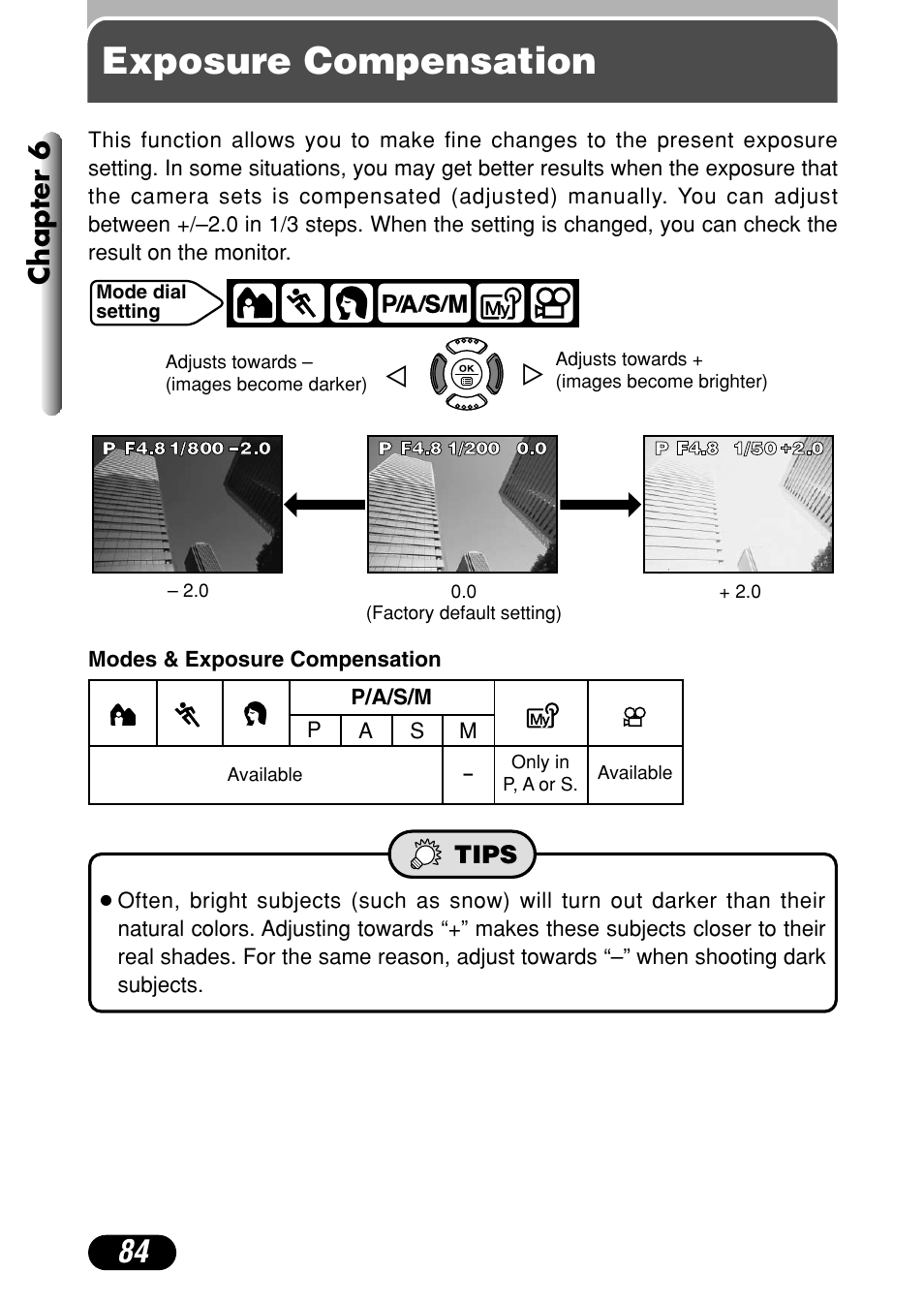 Exposure compensation, Chapter 6 | Olympus C-720 Ultra Zoom User Manual | Page 85 / 180