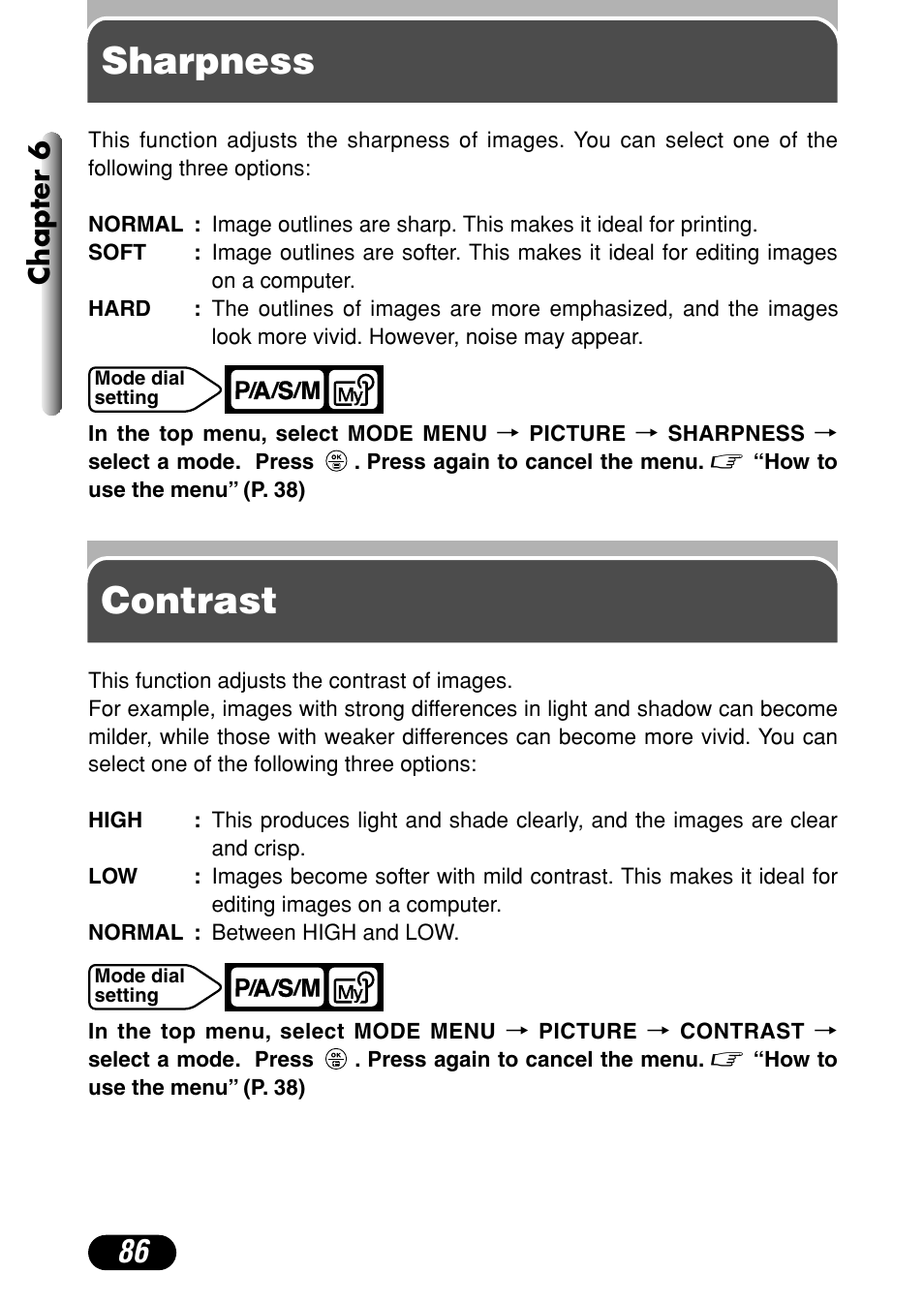 Sharpness, Contrast, Sharpness contrast | Chapter 6 | Olympus C-720 Ultra Zoom User Manual | Page 87 / 180
