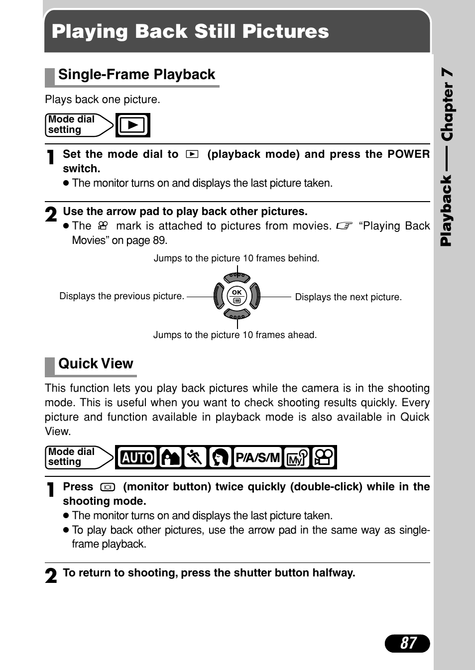 Chapter 7 playback, Playing back still pictures, Chapter 7 | Playback, P. 87, Single-frame playback 87 quick view 87, Playing back still pictures 1 | Olympus C-720 Ultra Zoom User Manual | Page 88 / 180