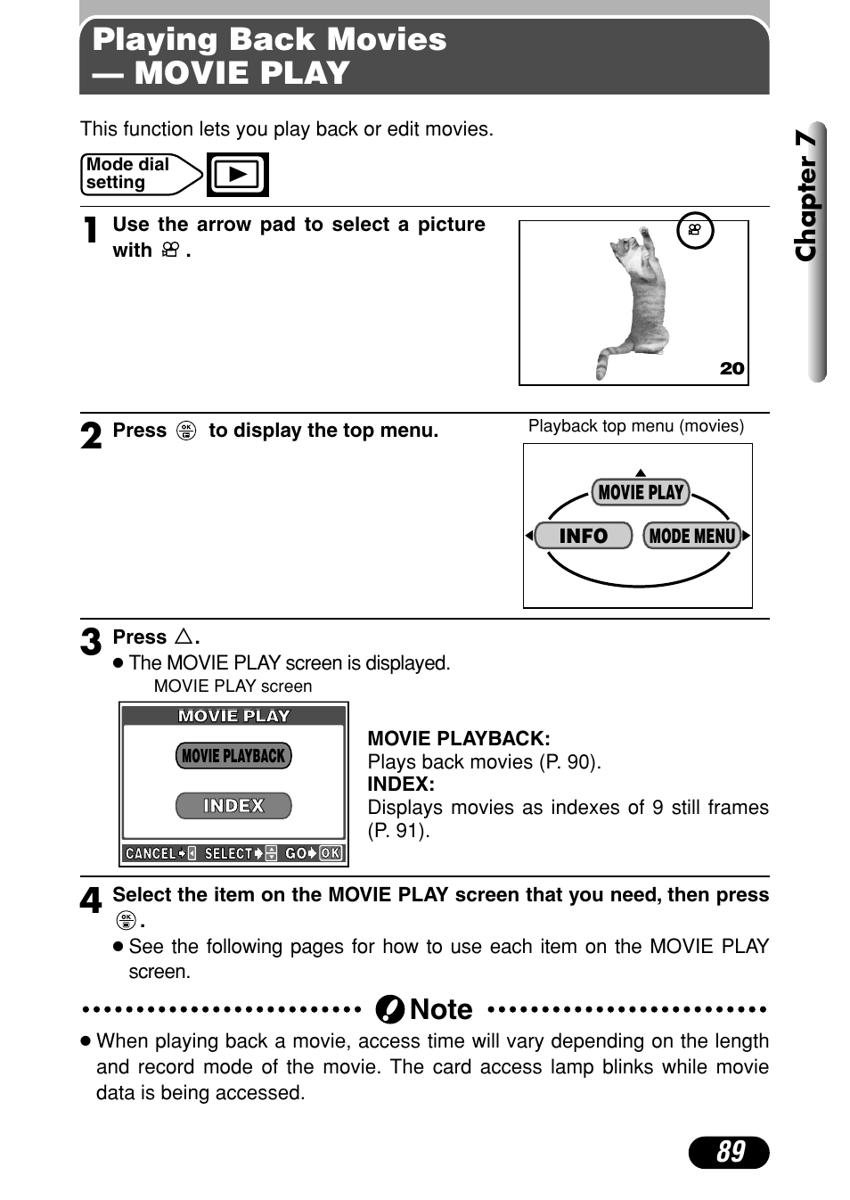 Playing back movies — movie play, Chapter 7 | Olympus C-720 Ultra Zoom User Manual | Page 90 / 180