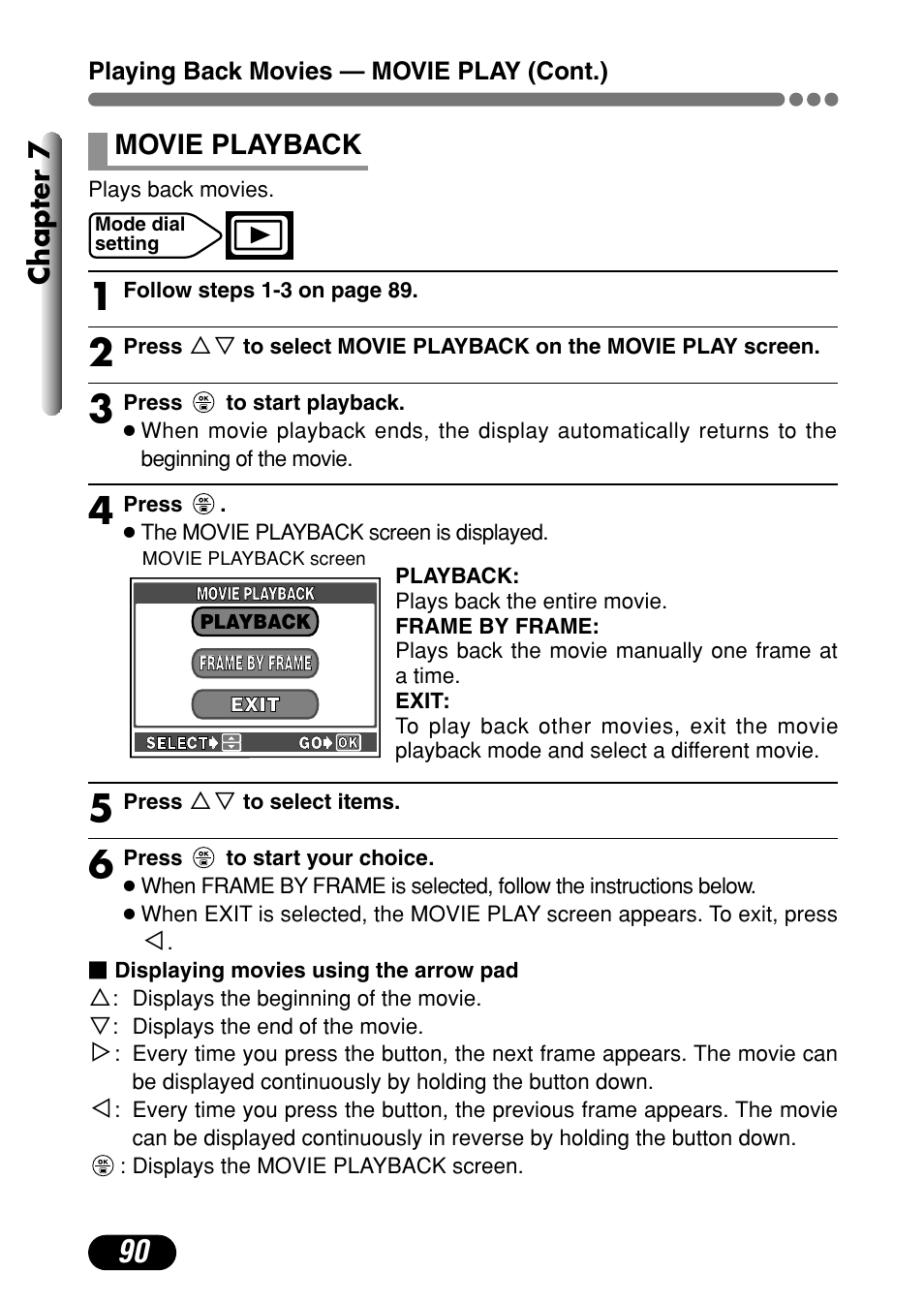 Movie playback 90, Chapter 7, Movie playback | Olympus C-720 Ultra Zoom User Manual | Page 91 / 180