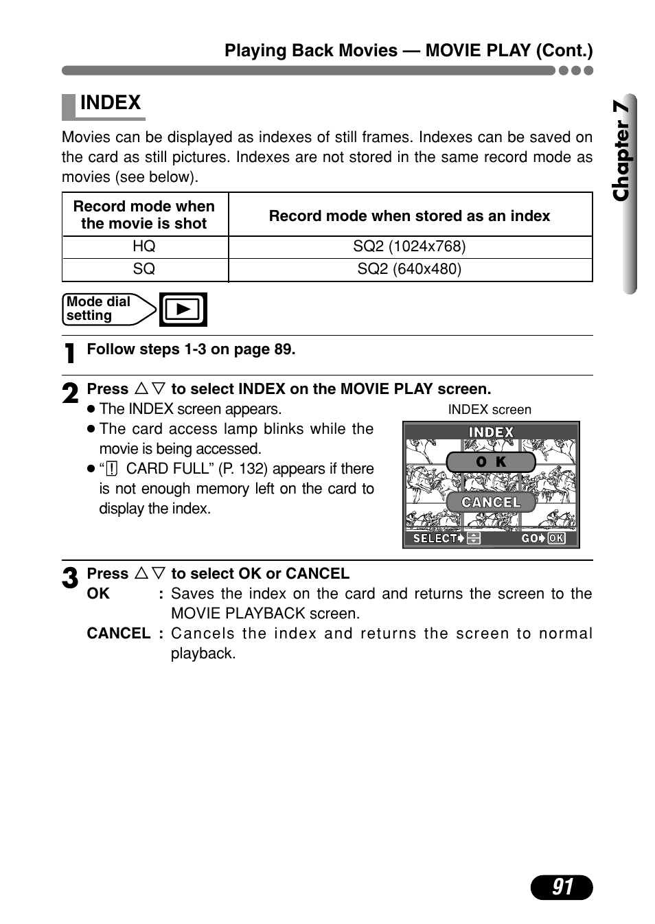 Index 91, Chapter 7, Index | Olympus C-720 Ultra Zoom User Manual | Page 92 / 180