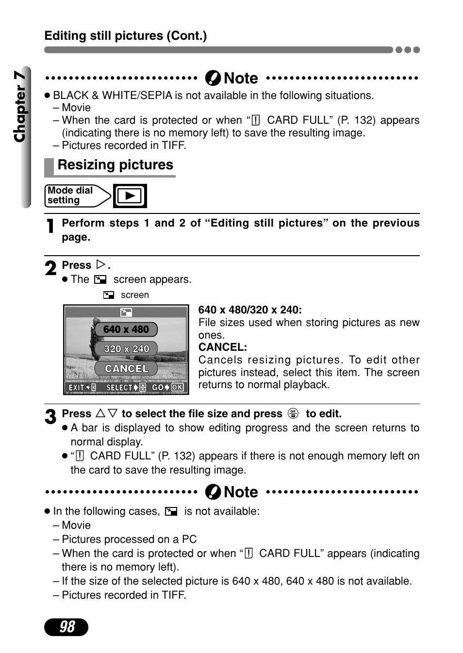 Resizing pictures 98, Chapter 7, Resizing pictures | Olympus C-720 Ultra Zoom User Manual | Page 99 / 180