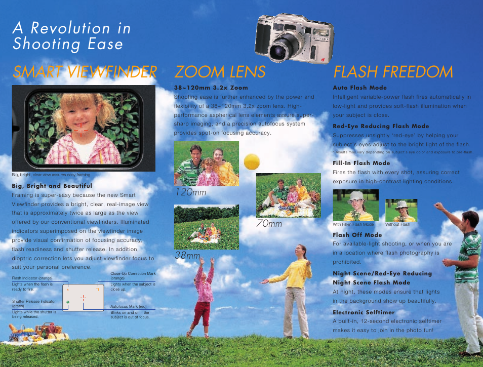 A revolution in shooting ease, 38~120mm 3.2x zoom, Flash freedom | Auto flash mode, Fill-in flash mode, Electronic selftimer, Mm sqmm | Olympus Accura View Zoom 120 QD User Manual | Page 2 / 2