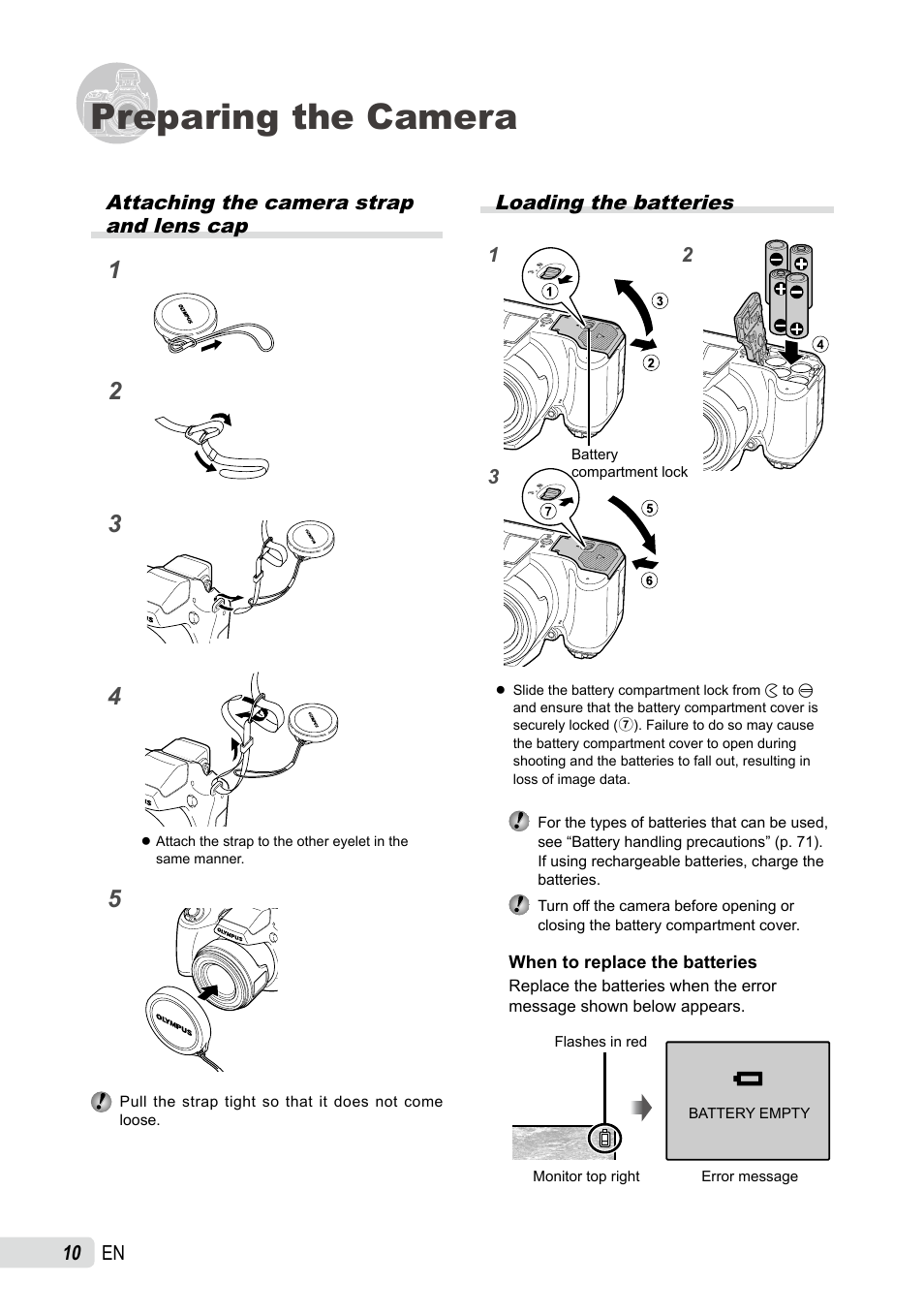 Preparing the camera, Attaching the camera strap and lens cap, Loading the batteries | Olympus SP-590UZ User Manual | Page 10 / 86