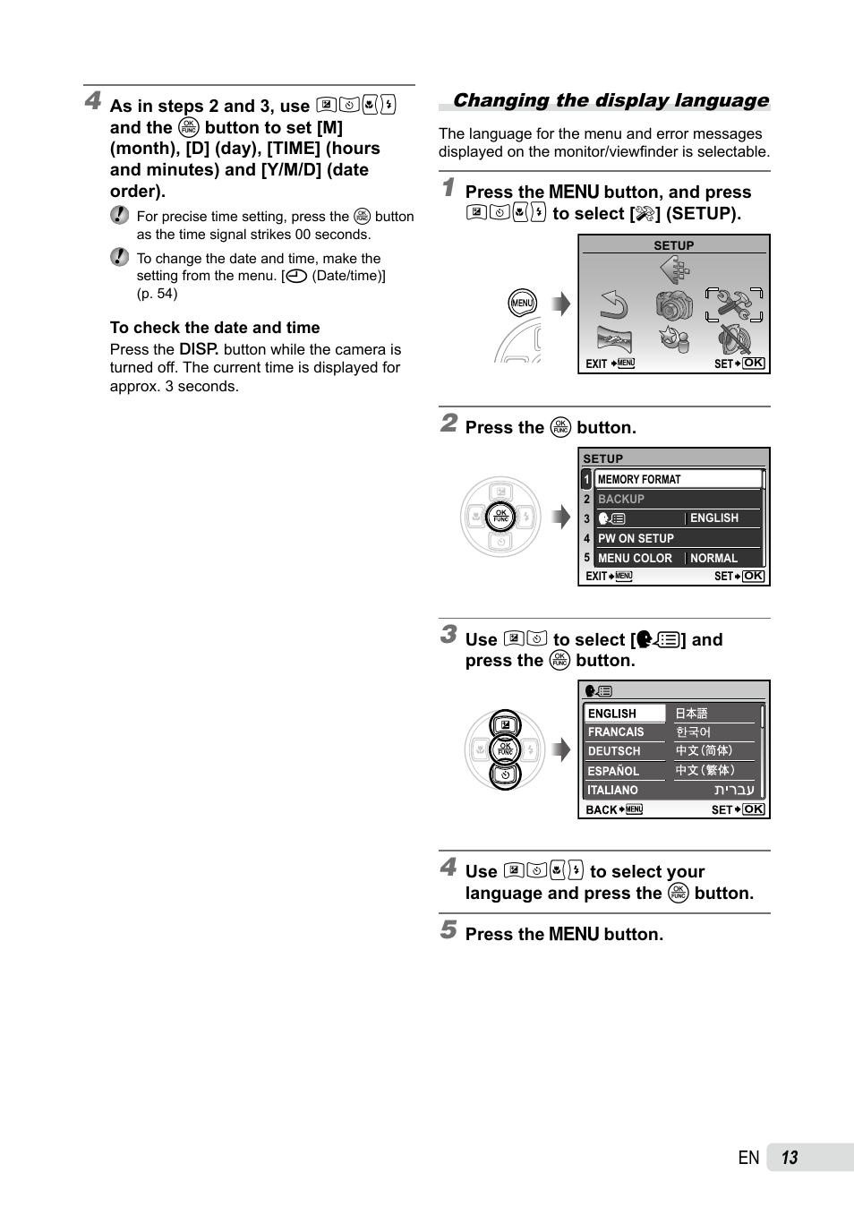 Changing the display language, 1 en | Olympus SP-590UZ User Manual | Page 13 / 86