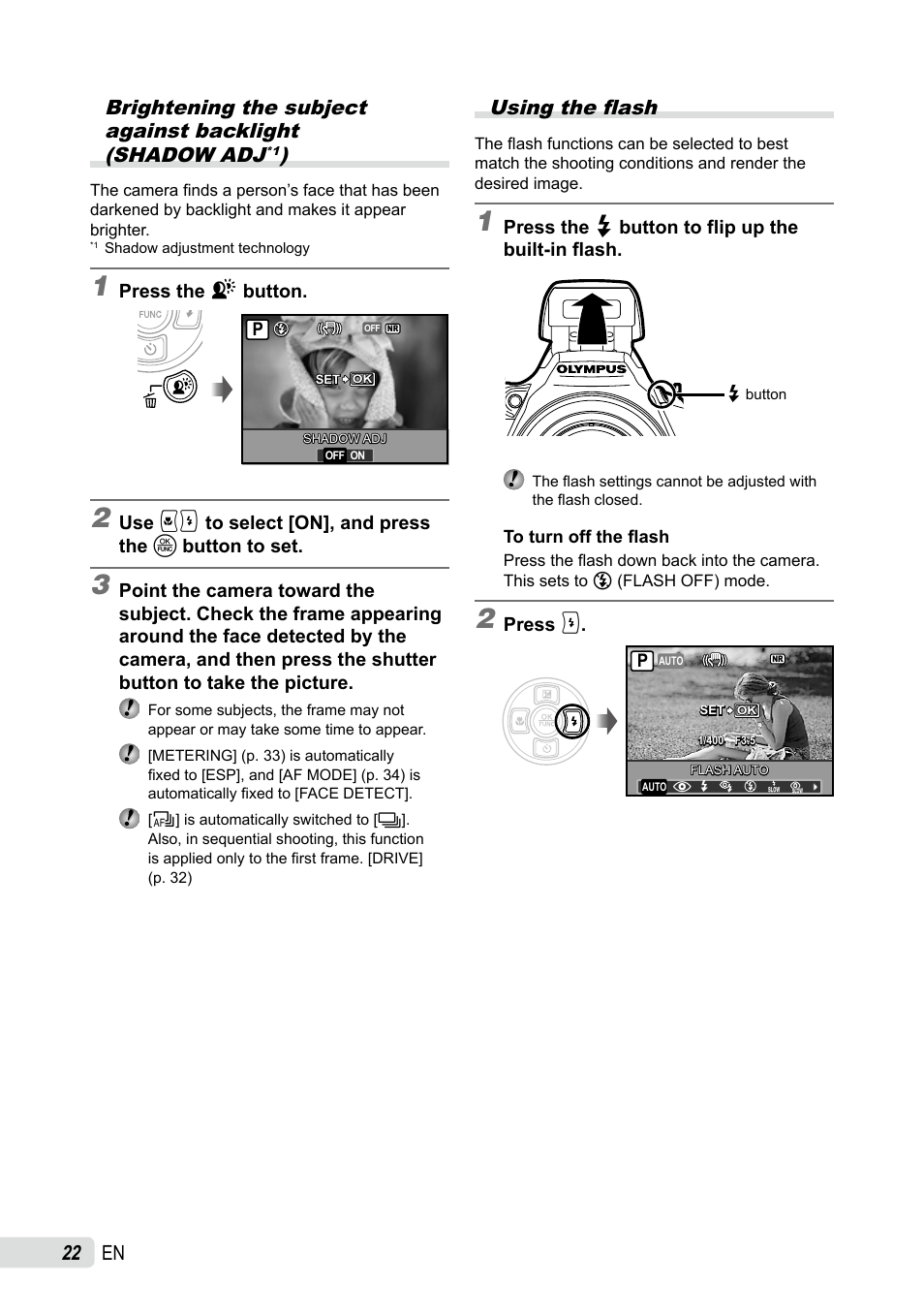 Using the flash, En using the flash | Olympus SP-590UZ User Manual | Page 22 / 86