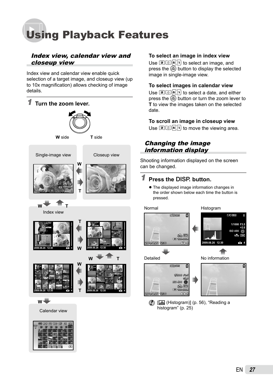 Using playback features, Index view, calendar view and closeup view, Changing the image information display | En index view, calendar view and closeup view, Turn the zoom lever, Press the g button, Use 789: to move the viewing area | Olympus SP-590UZ User Manual | Page 27 / 86