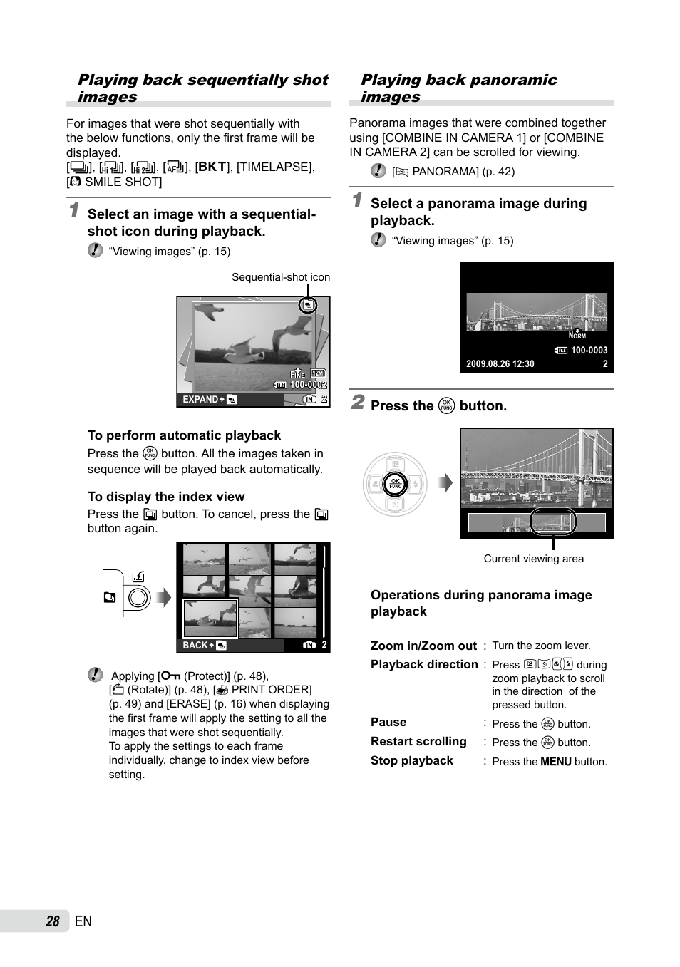 Playing back sequentially shot images, Playing back panoramic images, En playing back sequentially shot images | Olympus SP-590UZ User Manual | Page 28 / 86