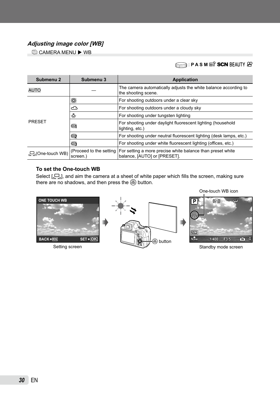 Adjusting image color, 0 en, Adjusting image color [wb | Olympus SP-590UZ User Manual | Page 30 / 86