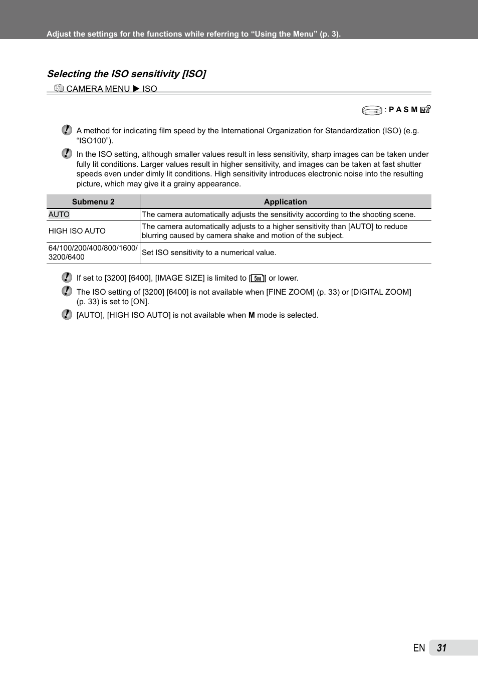 Selecting the iso sensitivity, 1 en, Selecting the iso sensitivity [iso | Olympus SP-590UZ User Manual | Page 31 / 86