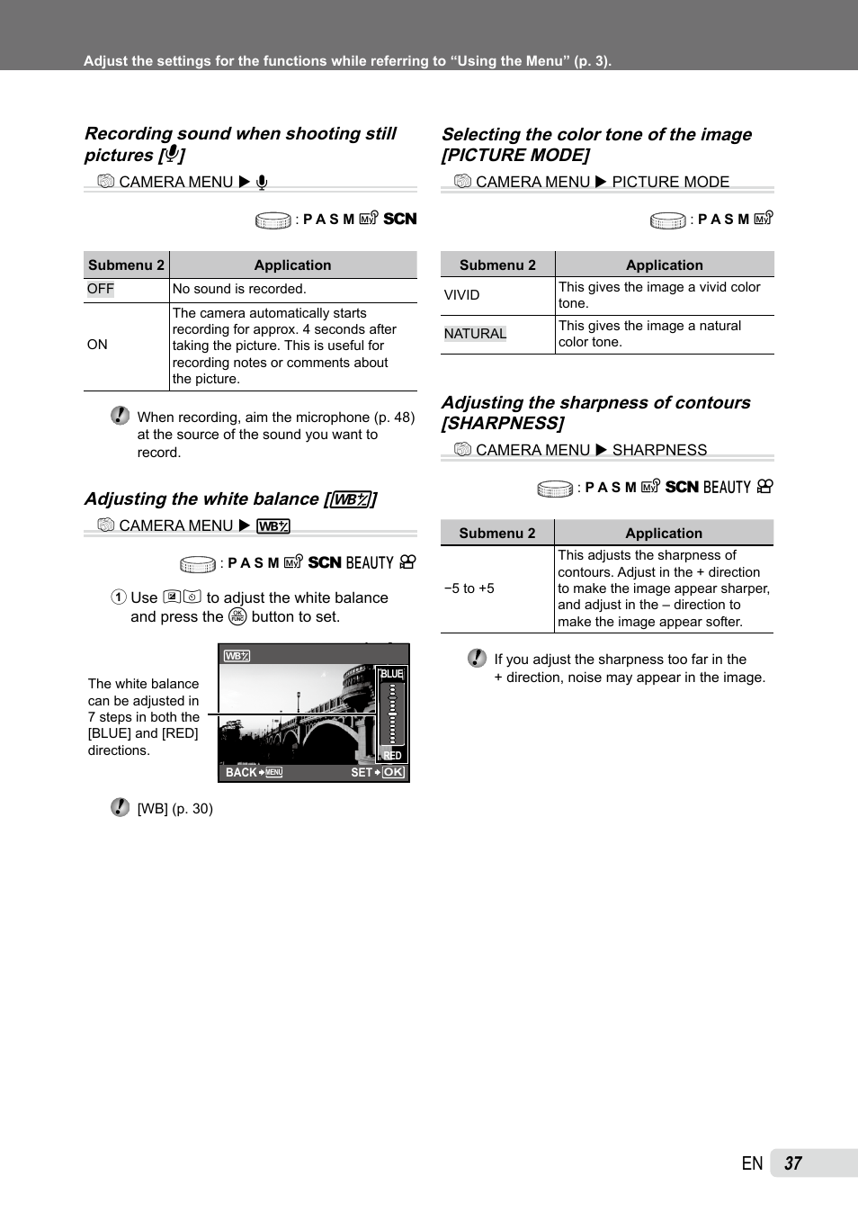 Recording sound when shooting still pictures, Adjusting the white balance, Selecting the color tone of the image | Adjusting the sharpness of contours, Recording sound when shooting still pictures [ r, Adjusting the sharpness of contours [sharpness | Olympus SP-590UZ User Manual | Page 37 / 86