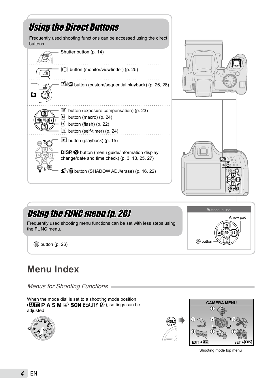 Menu index, Using the func menu (p. 26), Using the direct buttons | Menus for shooting functions | Olympus SP-590UZ User Manual | Page 4 / 86