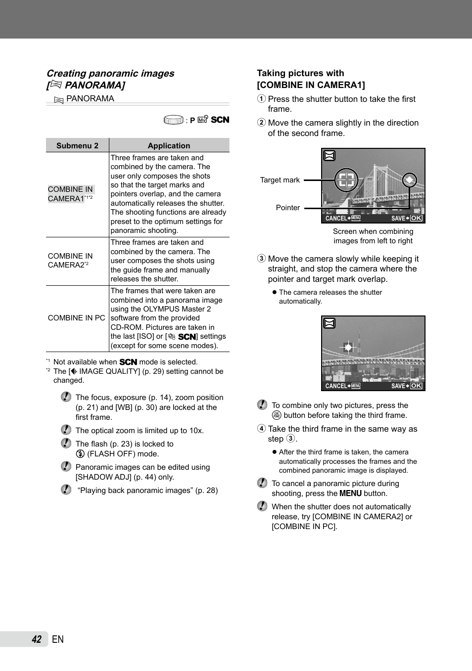 Creating panoramic images, Creating panoramic images [ g panorama | Olympus SP-590UZ User Manual | Page 42 / 86