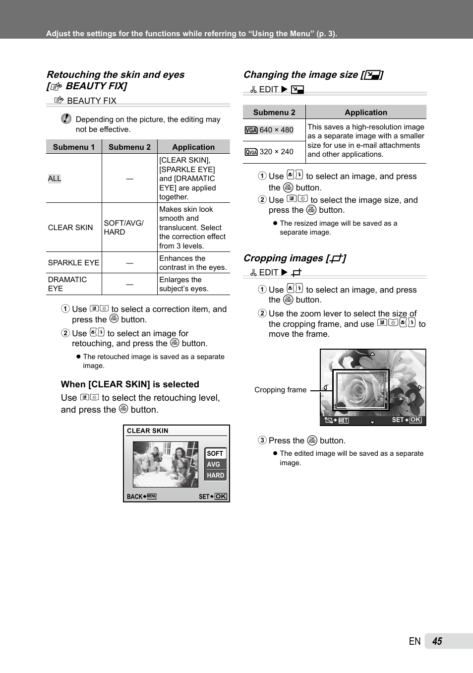 Retouching the skin and eyes, Changing the image size, Cropping images | Retouching the skin and eyes [ f beauty fix, Changing the image size [ q, Cropping images [ p | Olympus SP-590UZ User Manual | Page 45 / 86
