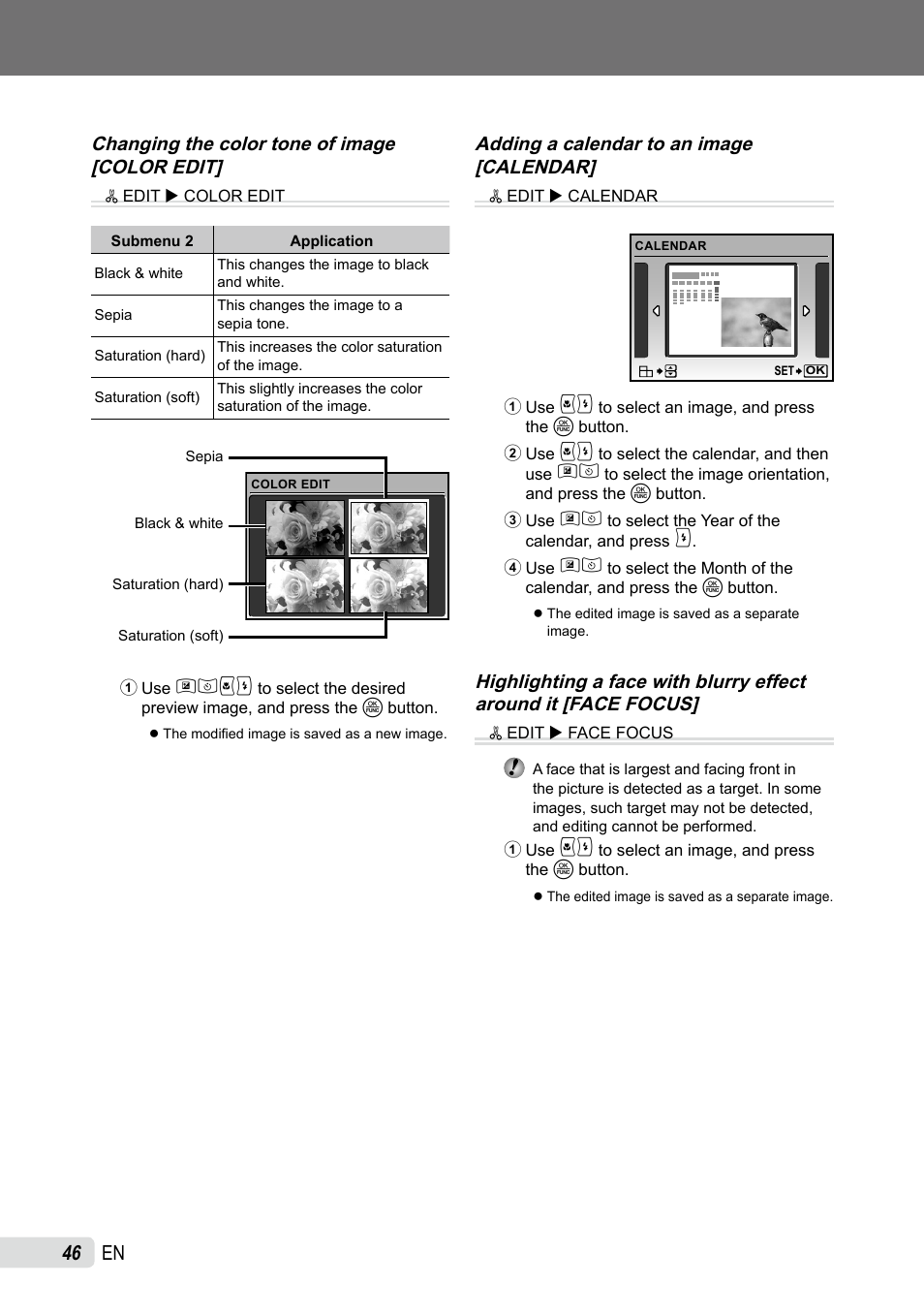 Changing the color tone of image, Adding a calendar to an image, Highlighting a face with blurry effect around it | Changing the color tone of image [color edit, Adding a calendar to an image [calendar | Olympus SP-590UZ User Manual | Page 46 / 86