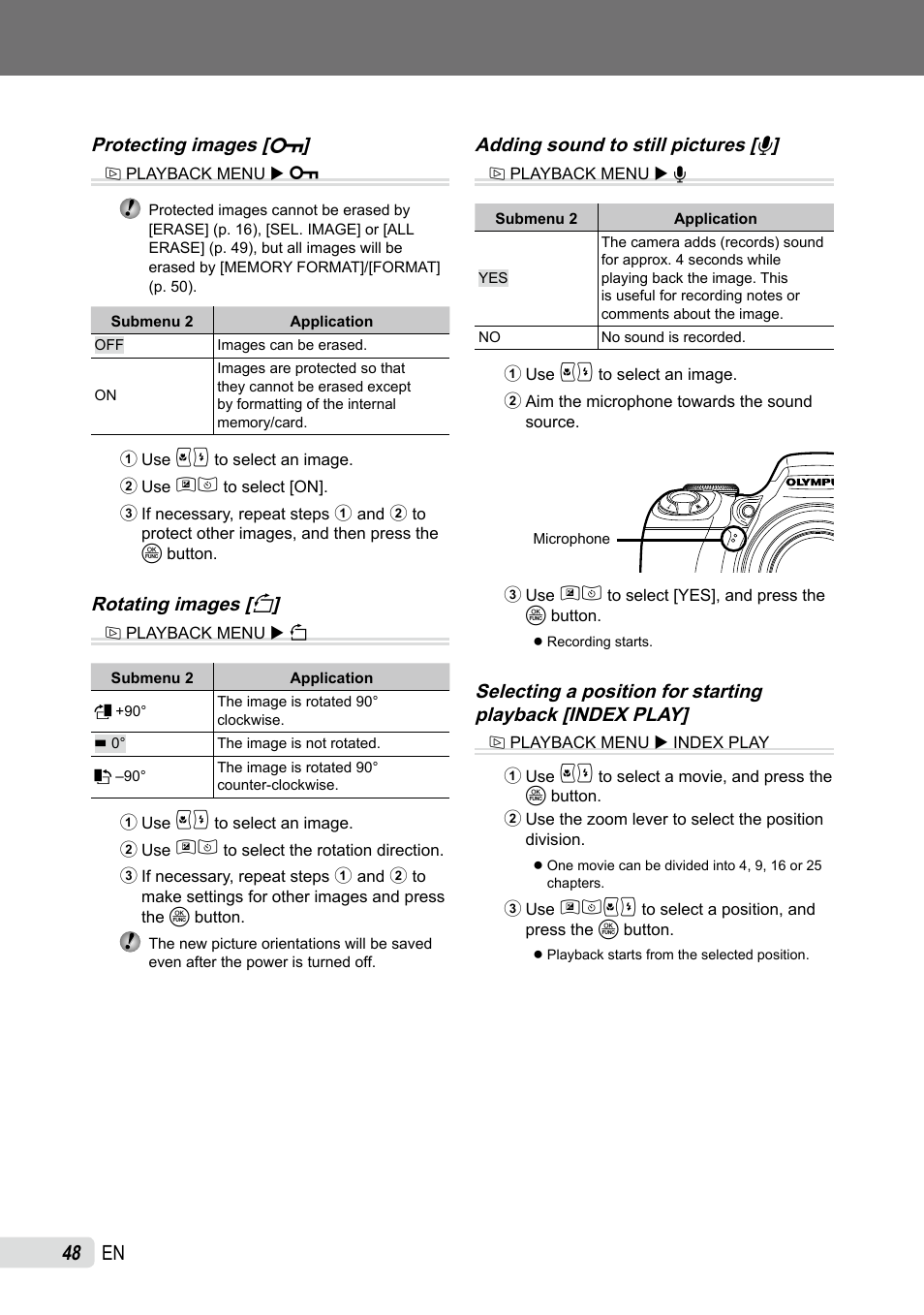 Protecting images, Rotating images, Adding sound to still pictures | Selecting a position for starting playback, Protecting images [ 0, Rotating images [ y, Adding sound to still pictures [ r | Olympus SP-590UZ User Manual | Page 48 / 86