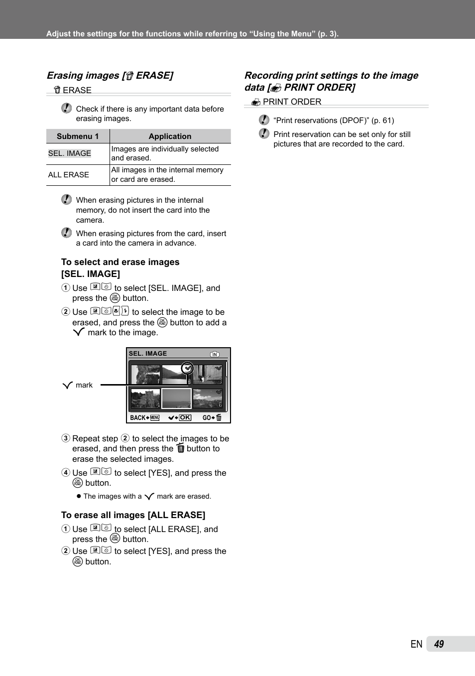 Erasing images, Recording print settings to the image data, Erasing images [ k erase | Olympus SP-590UZ User Manual | Page 49 / 86