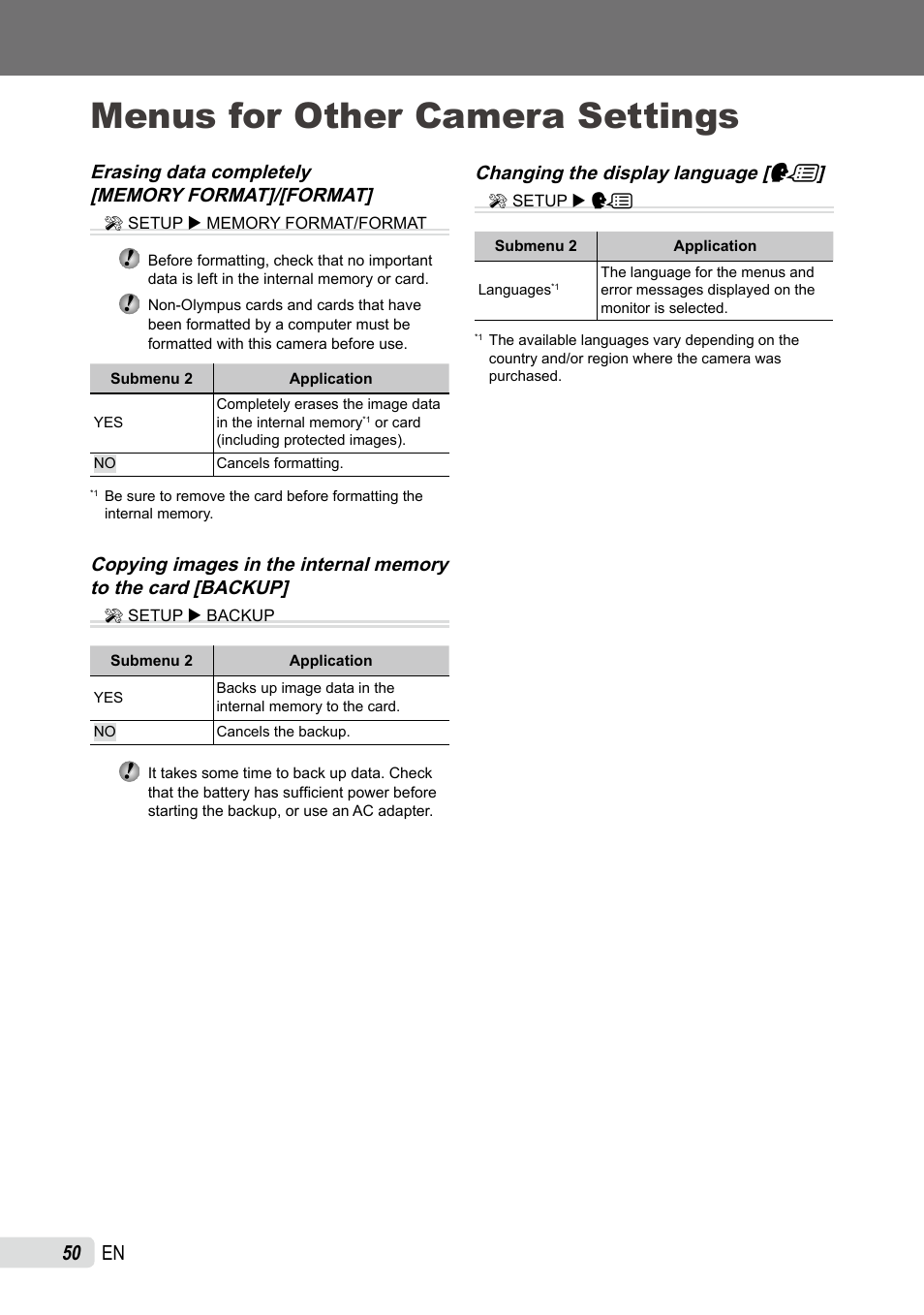 Menus for other camera settings, Erasing data completely, Copying images in the internal memory to the card | Changing the display language, 0 en, Changing the display language [ w | Olympus SP-590UZ User Manual | Page 50 / 86