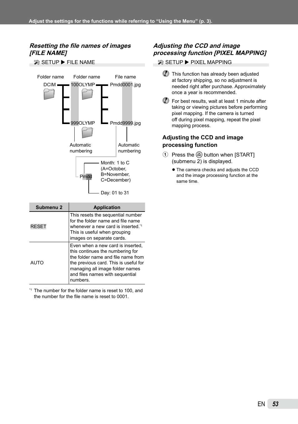 Resetting the file names of images, Adjusting the ccd and image processing function, Resetting the file names of images [file name | Olympus SP-590UZ User Manual | Page 53 / 86