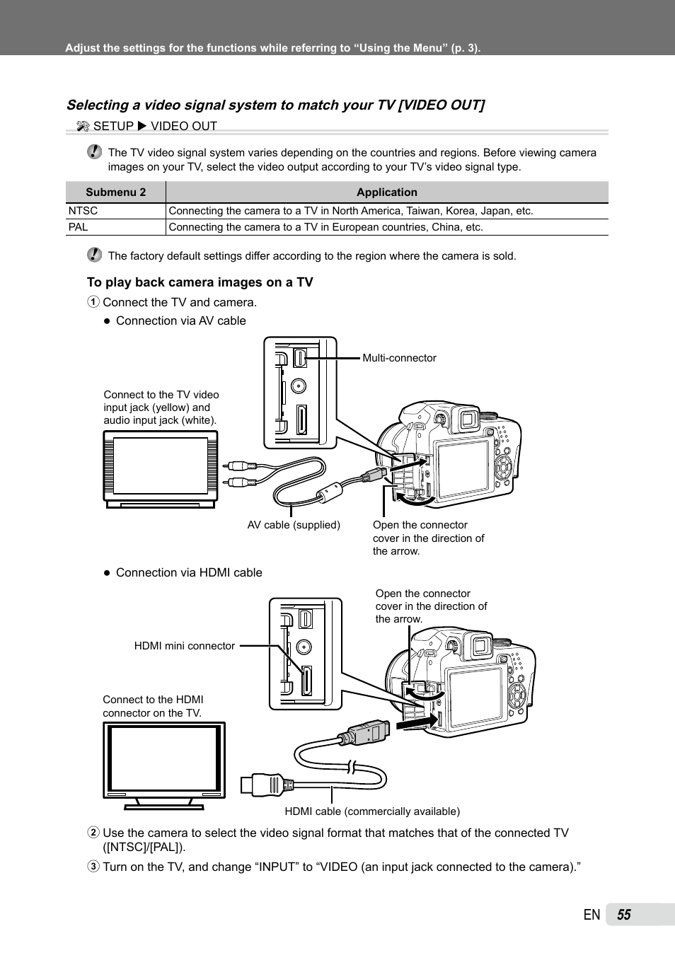 Selecting a video signal system to match your tv | Olympus SP-590UZ User Manual | Page 55 / 86