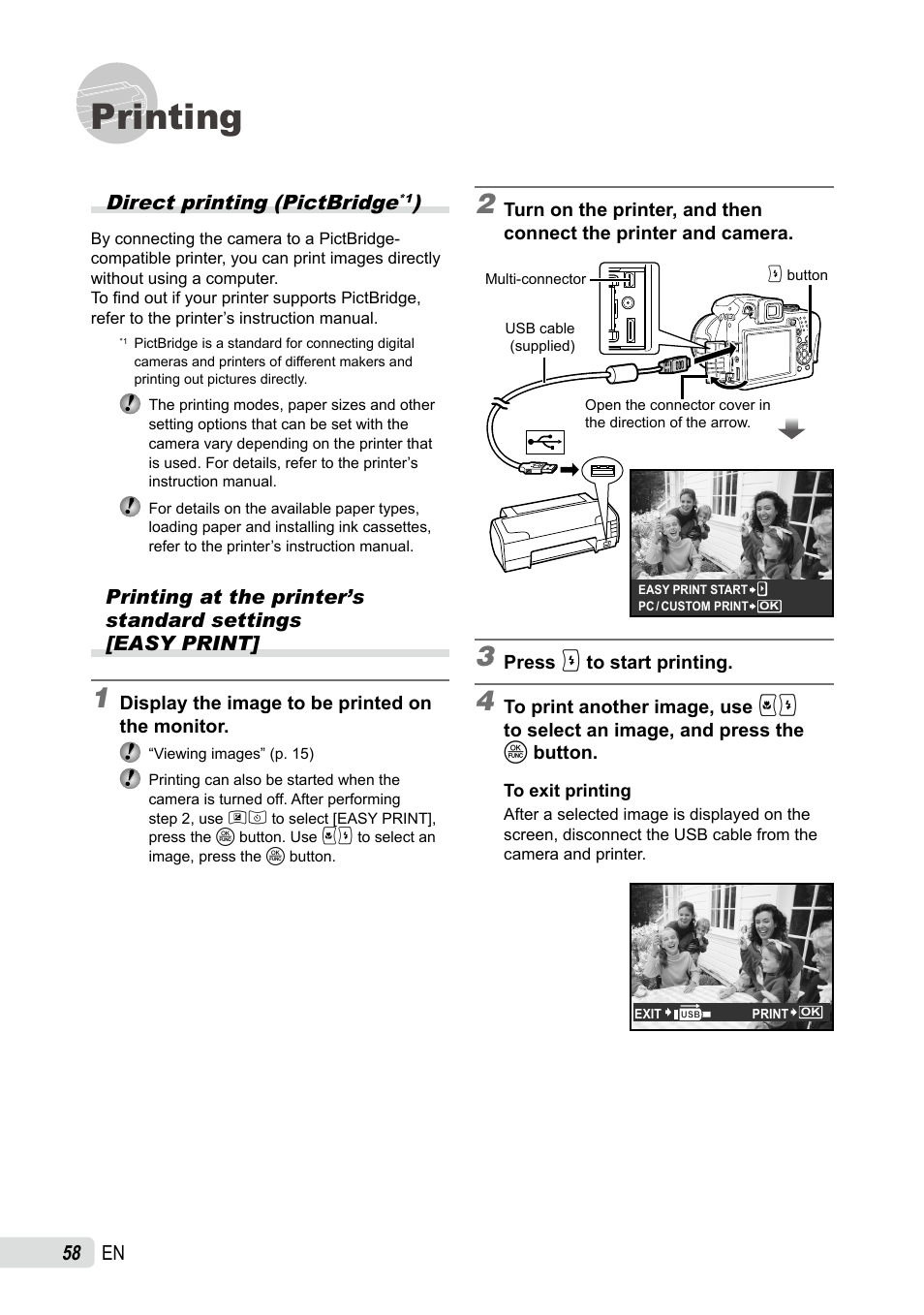 Printing, Direct printing (pictbridge), Printing at the printer’s standard settings | Direct printing (pictbridge | Olympus SP-590UZ User Manual | Page 58 / 86