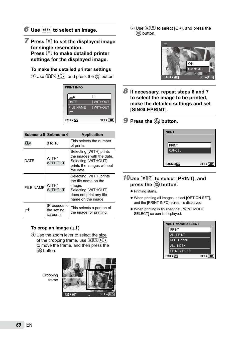 0 en, Use 9: to select an image, Press the o button | Use 78 to select [print], and press the o button | Olympus SP-590UZ User Manual | Page 60 / 86