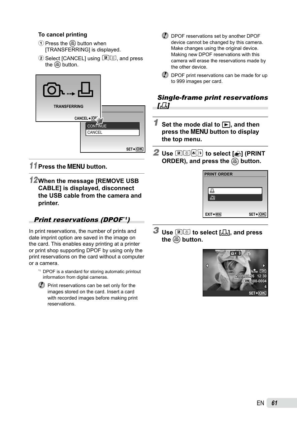 Print reservations (dpof), Single-frame print reservations, 1 en | Print reservations (dpof | Olympus SP-590UZ User Manual | Page 61 / 86