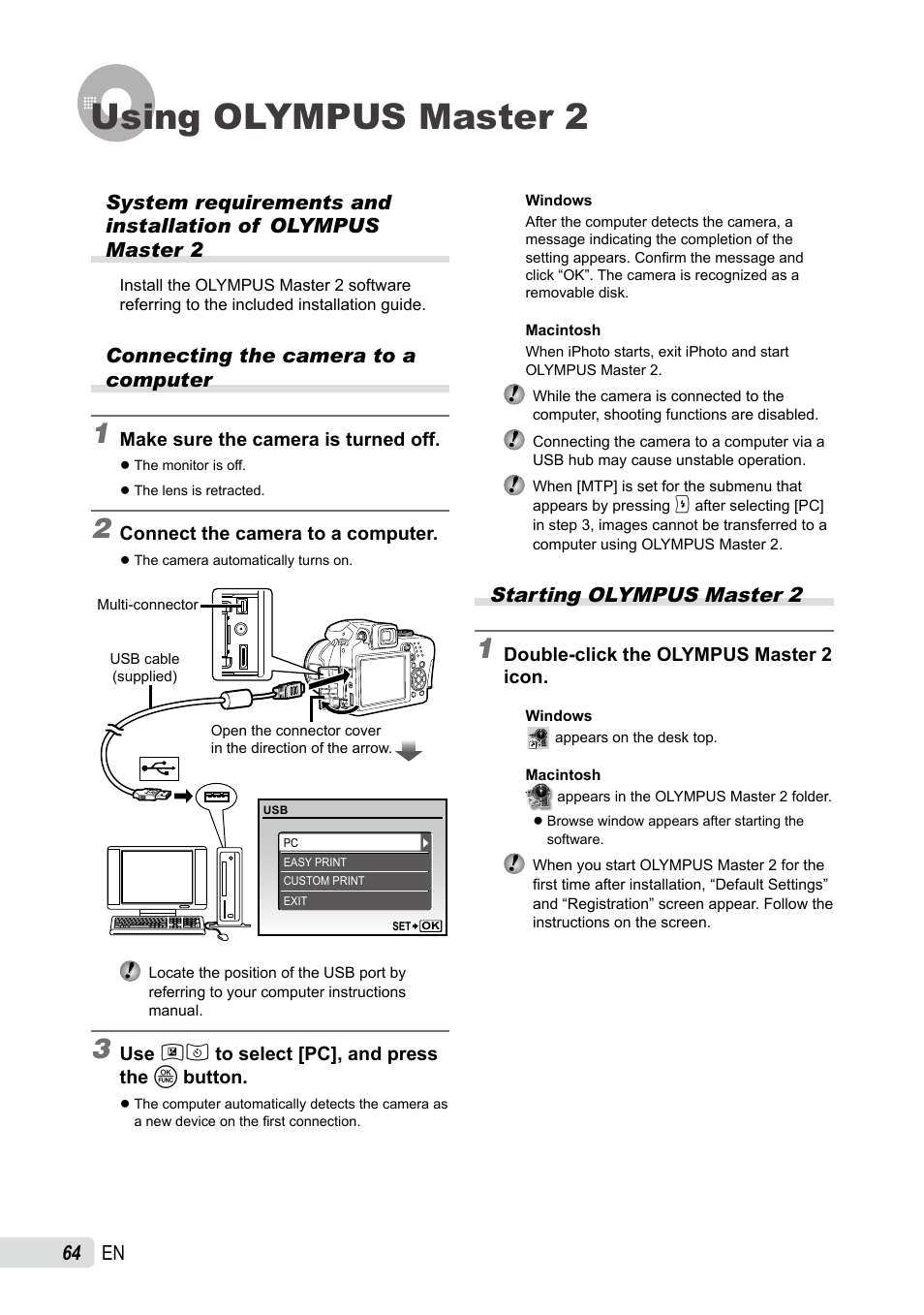 Using olympus master 2, Connecting the camera to a computer, Starting olympus master 2 | Olympus SP-590UZ User Manual | Page 64 / 86