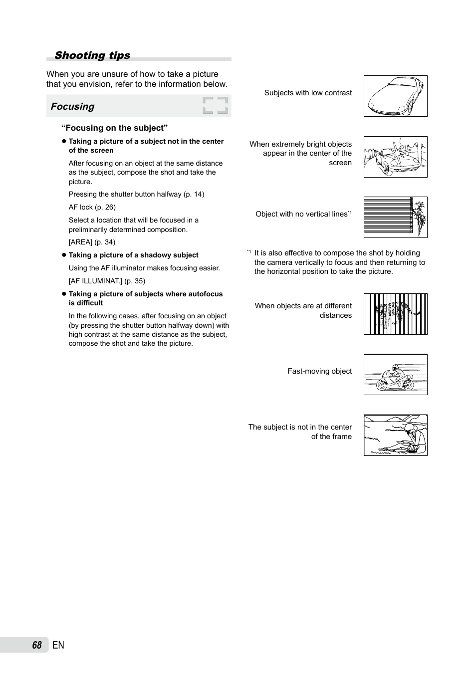 Shooting tips, Focusing, En shooting tips | Olympus SP-590UZ User Manual | Page 68 / 86