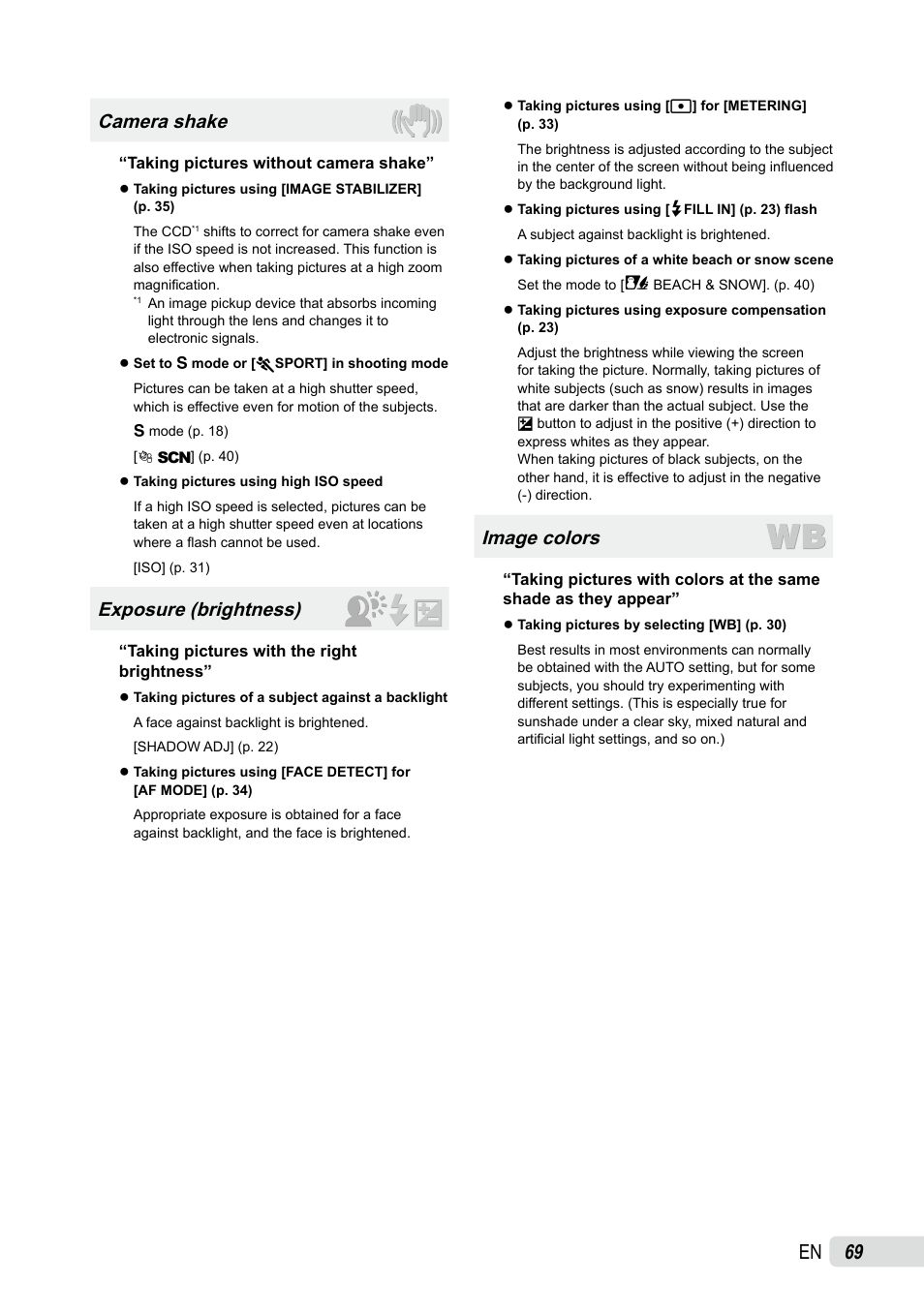 Camera shake, Exposure (brightness), Image colors | Olympus SP-590UZ User Manual | Page 69 / 86