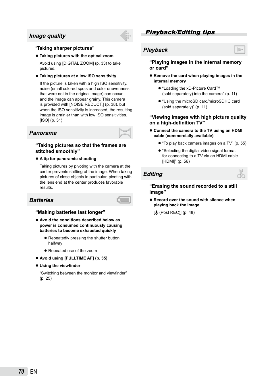 Image quality, Panorama, Batteries | Playback/editing tips, Playback, Editing, 0 en | Olympus SP-590UZ User Manual | Page 70 / 86
