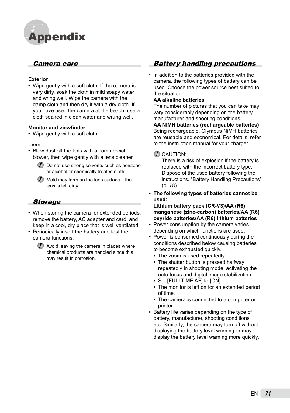 Appendix, Camera care, Storage | Battery handling precautions, 1 en | Olympus SP-590UZ User Manual | Page 71 / 86